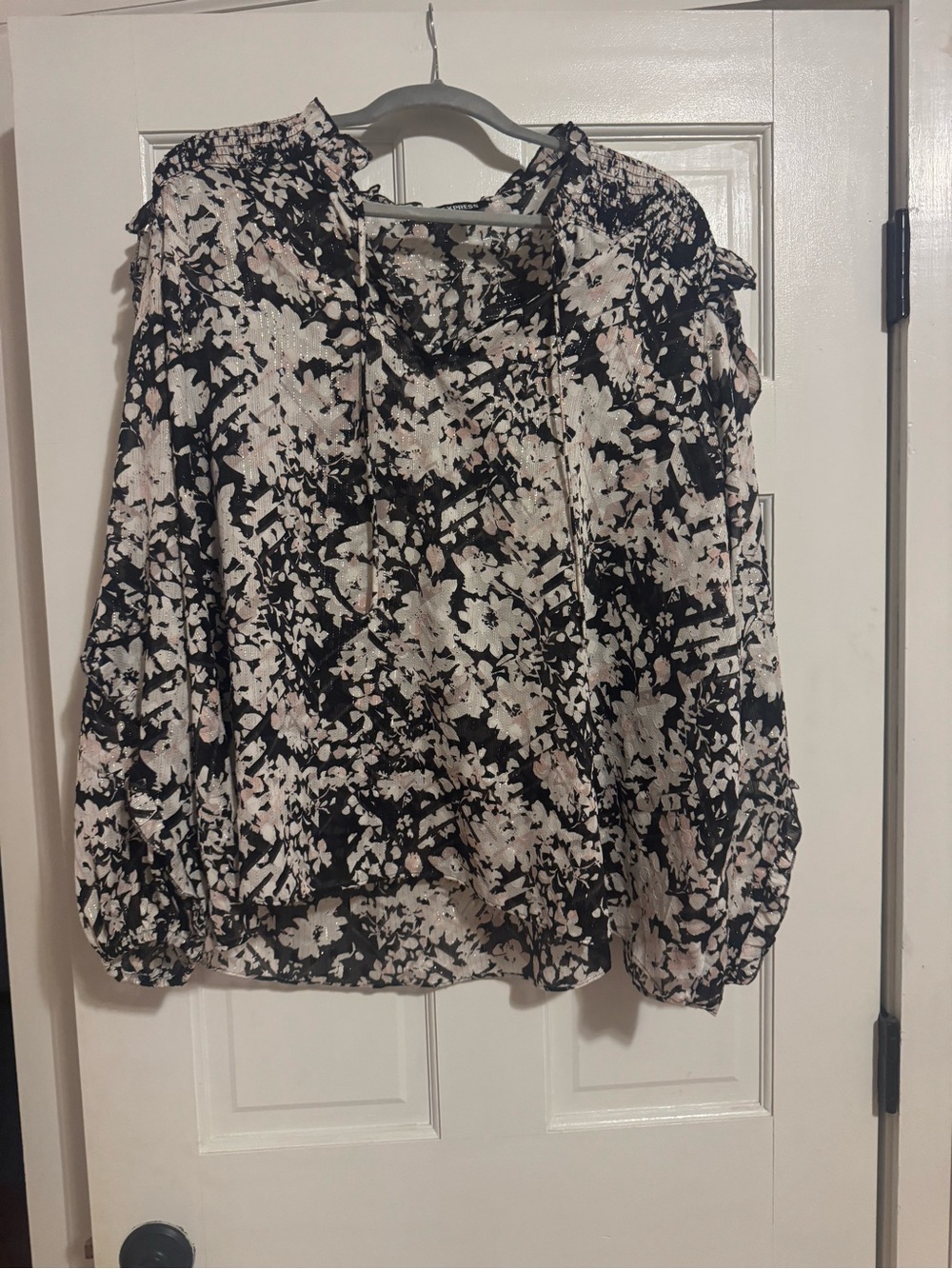 Express Black and Blush Floral Tie-Neck Peasant Top